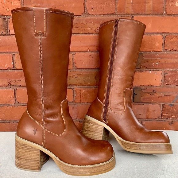 SOLD FRYE Dorian Vintage Y2K Platform Chunky Heel Sole Zippered Brown Boots, 9 - Picture 3 of 14